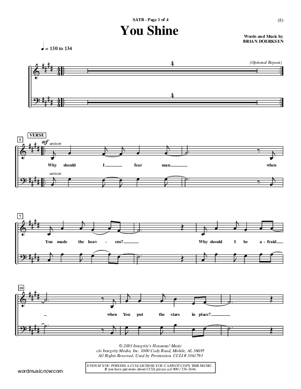 You Shine Choir Sheet (SATB) (Brian Doerksen)