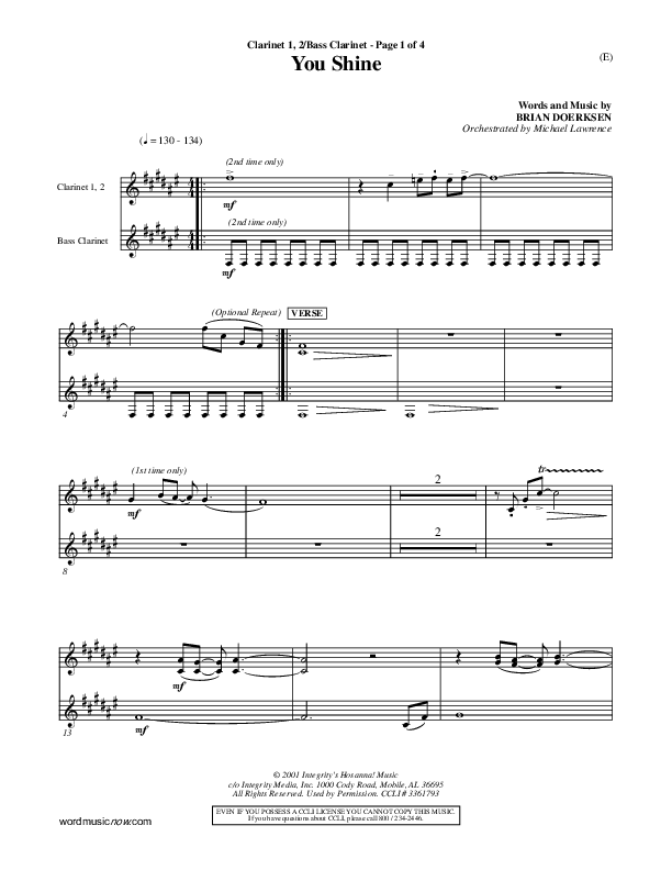 You Shine Clarinet 1/2, Bass Clarinet (Brian Doerksen)