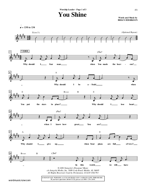 You Shine Lead Sheet (Brian Doerksen)