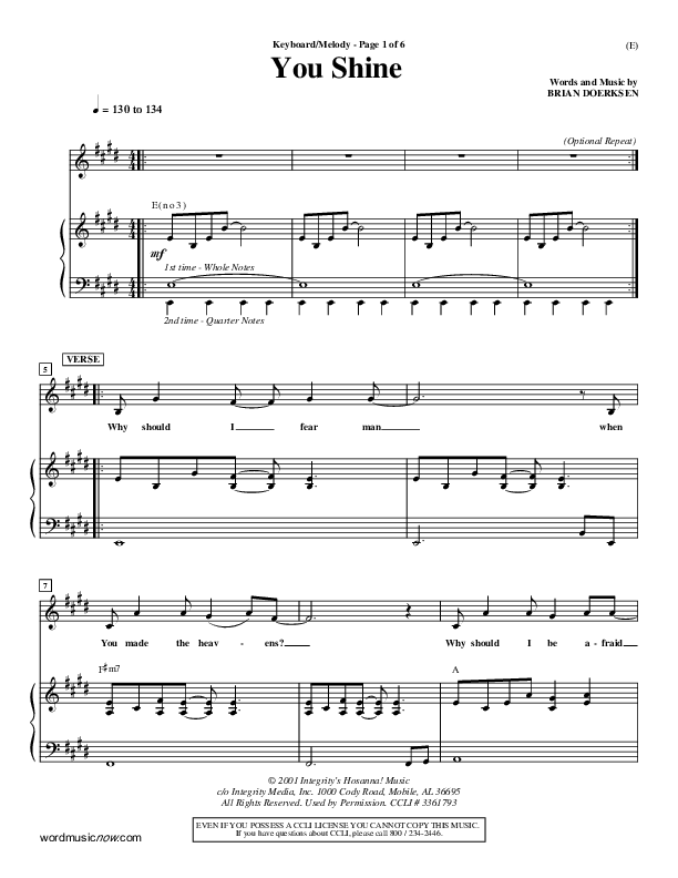 You Shine Piano/Vocal (Brian Doerksen)