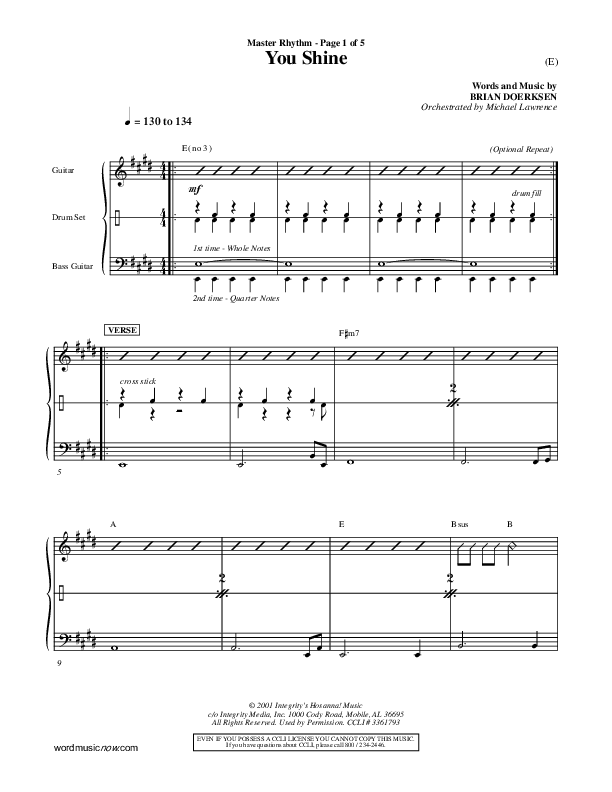You Shine Rhythm Chart (Brian Doerksen)