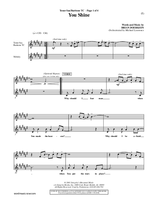 You Shine Tenor Sax/Baritone T.C. (Brian Doerksen)