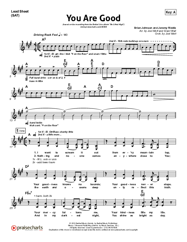 You Are Good Lead Sheet (SAT) (Bethel Music)