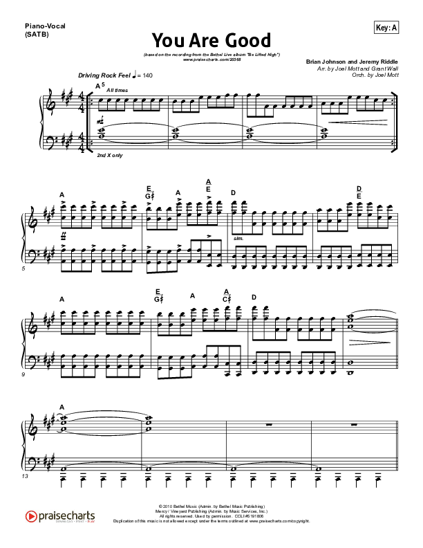 You Are Good Piano/Vocal (Bethel Music)