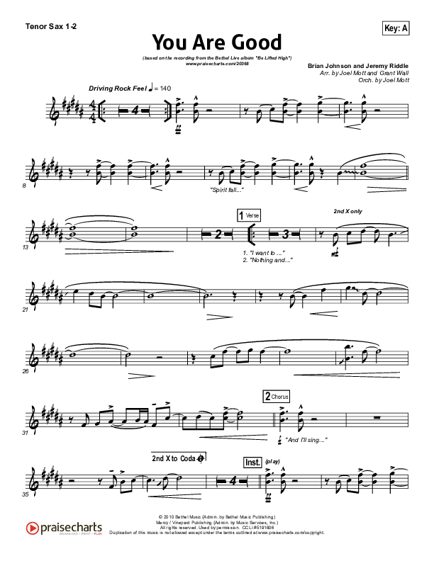 You Are Good Tenor Sax 1/2 (Bethel Music)
