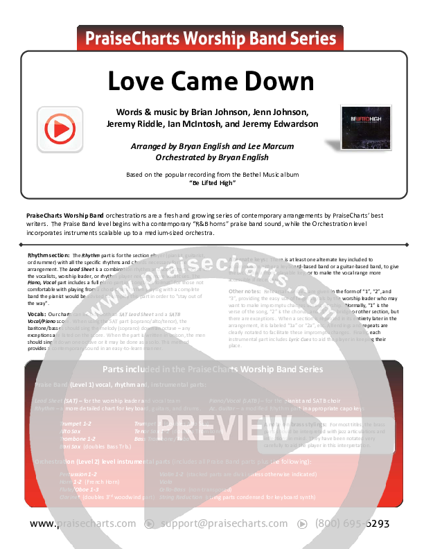 Love Came Down Cover Sheet (Bethel Music)