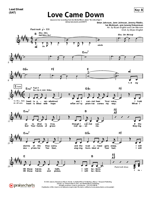 Love Came Down Lead Sheet (SAT) (Bethel Music)