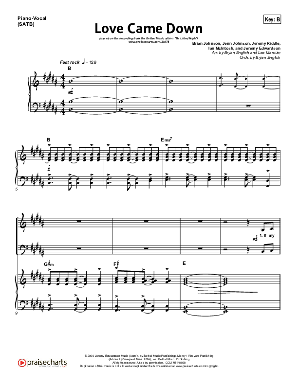 Love Came Down Piano/Vocal (SATB) (Bethel Music)