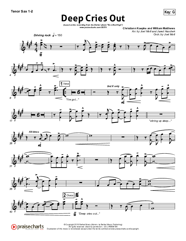 Deep Cries Out Tenor Sax 1/2 (Bethel Music)