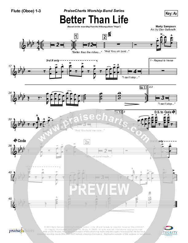 Better Than Life Flute/Oboe 1/2/3 (Hillsong Worship)