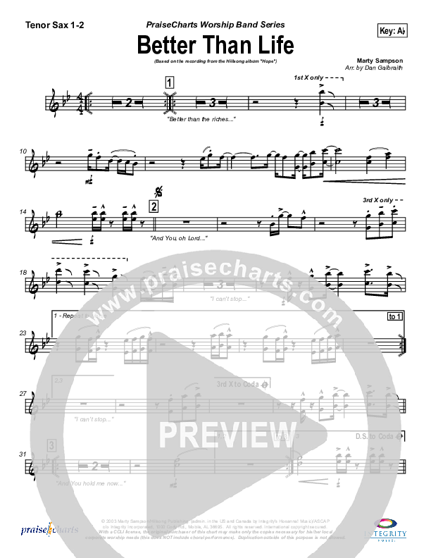 Better Than Life Tenor Sax 1/2 (Hillsong Worship)