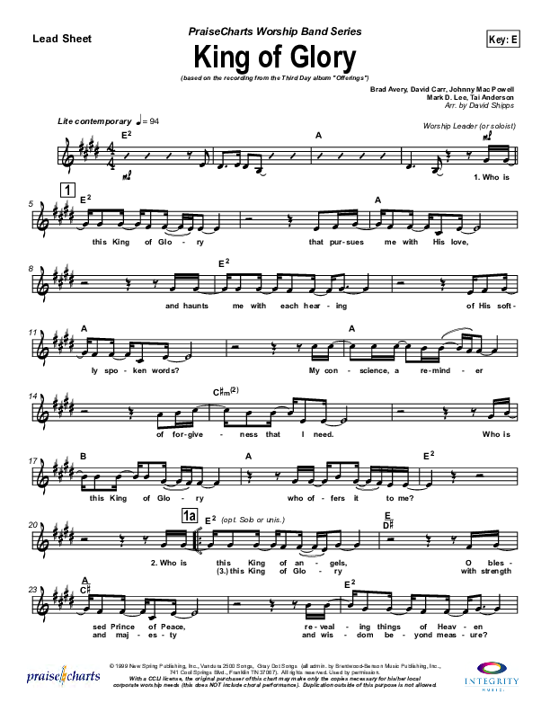 King Of Glory Lead Sheet (Third Day)