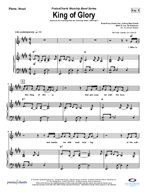 King Of Glory Piano/Vocal (Third Day)