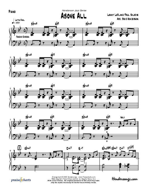 Above All (Instrumental) Piano Sheet (Brad Henderson)