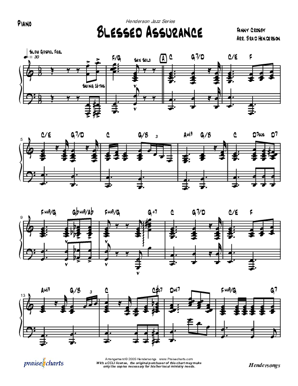 Blessed Assurance (Instrumental) Piano Sheet (Brad Henderson)