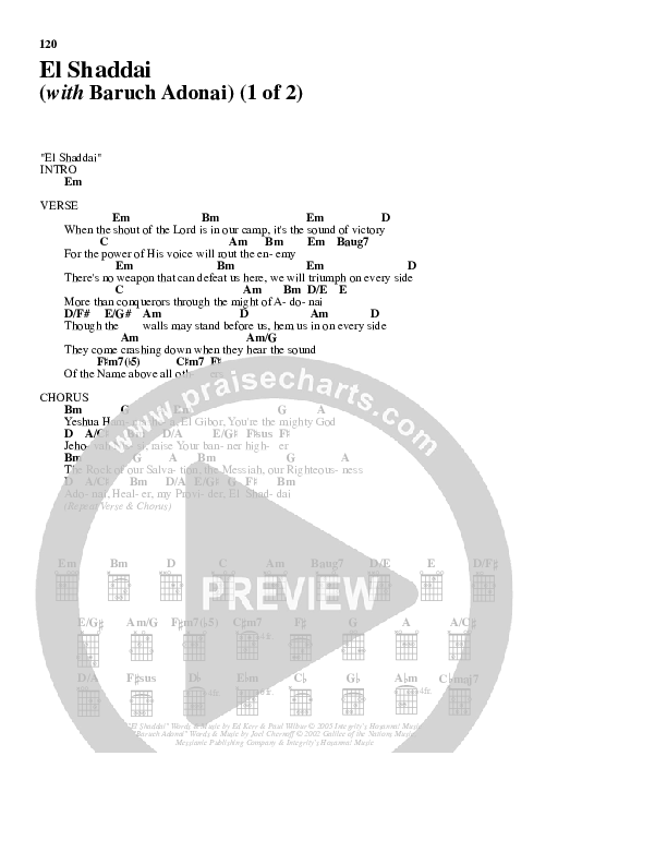 El Shaddai (with Baruch Adonai) Chord Chart (Paul Wilbur)