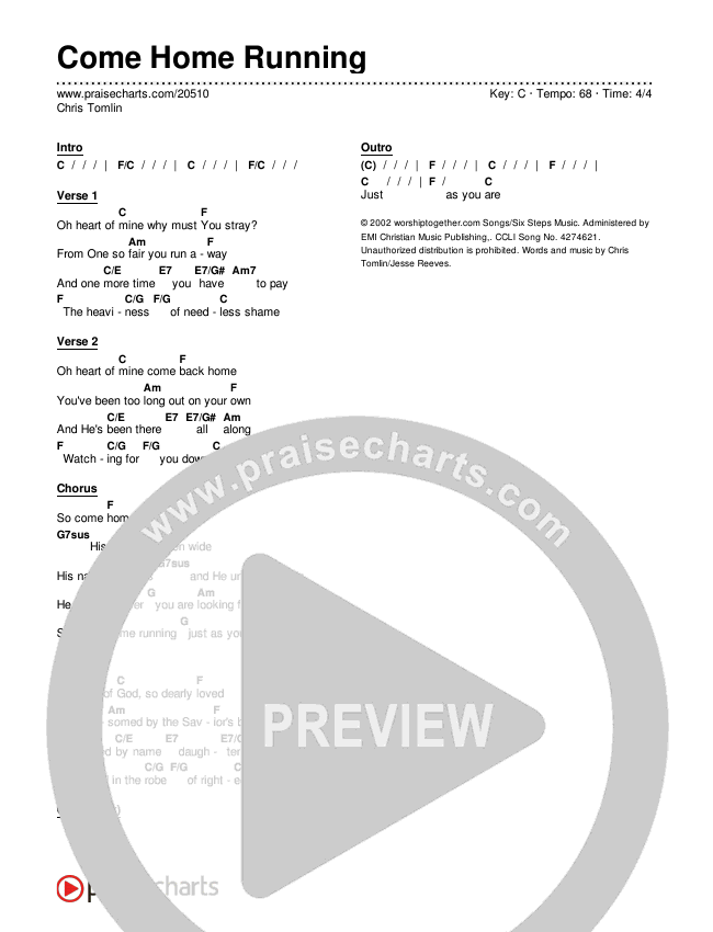 Come Home Running Chords & Lyrics (Chris Tomlin)
