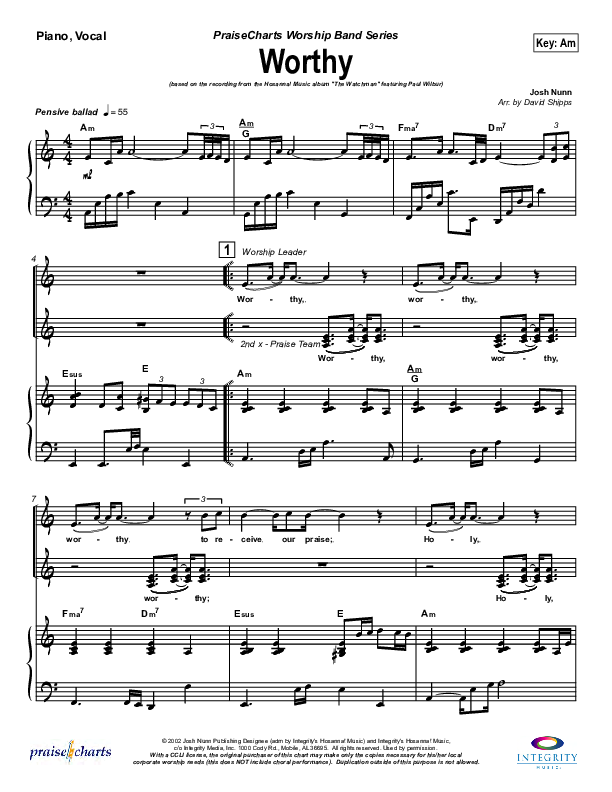 Worthy Piano/Vocal (SATB) (Paul Wilbur)