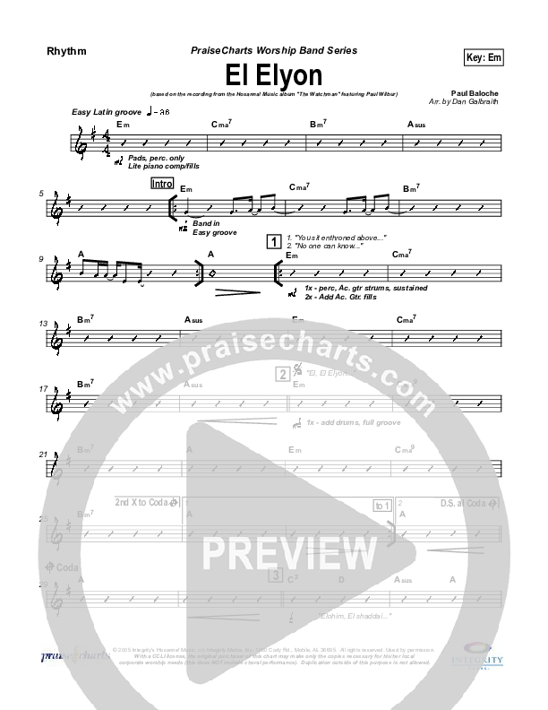 El Elyon Rhythm Chart (Paul Wilbur)