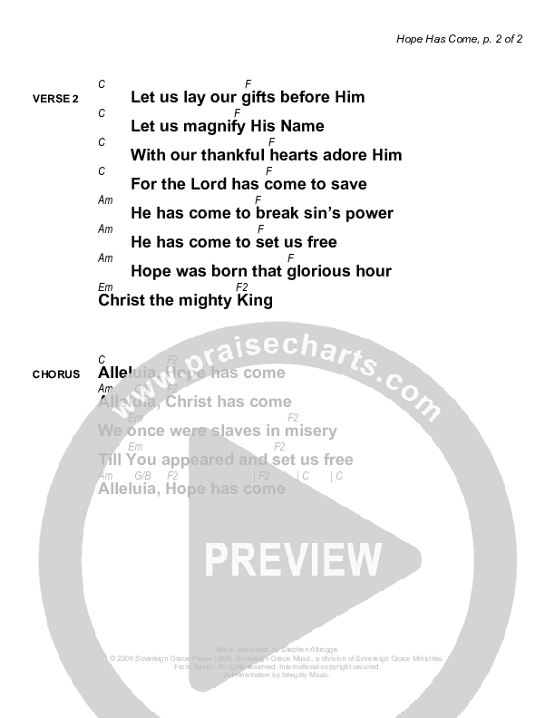 Hope Has Come Chords & Lyrics (Sovereign Grace)