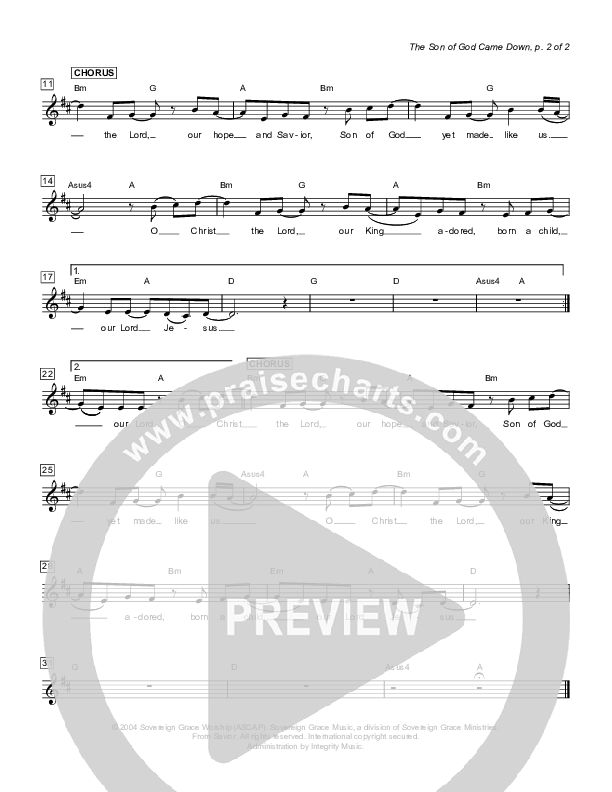 The Son Of God Came Down Lead Sheet (Sovereign Grace)