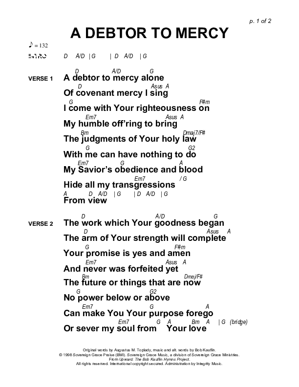 A Debtor To Mercy Chords & Lyrics (Sovereign Grace)