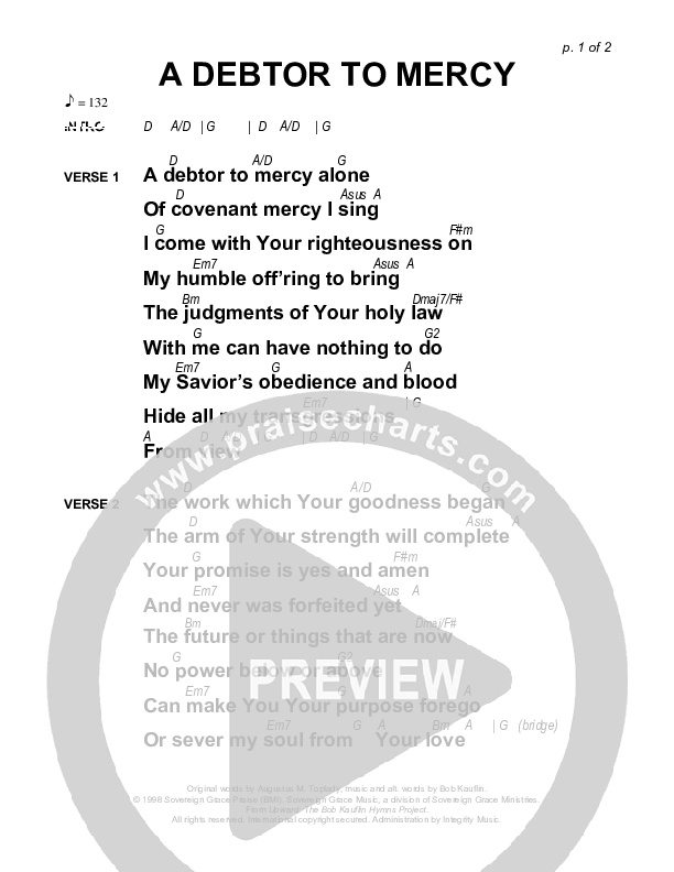 A Debtor To Mercy Chords & Lyrics (Sovereign Grace)