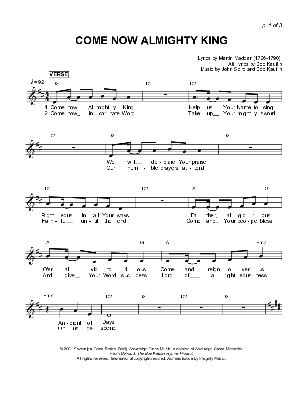 Come Now Almighty King Lead Sheet (Sovereign Grace)