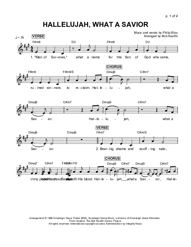 Hallelujah What A Savior (Instrumental) Lead Sheet (Sovereign Grace)