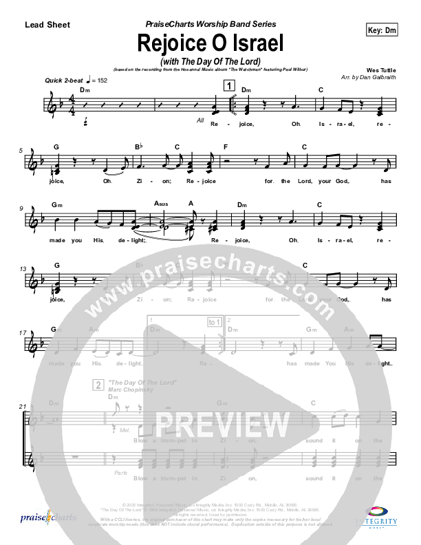 Rejoice O Israel Lead Sheet (SAT) (Paul Wilbur)
