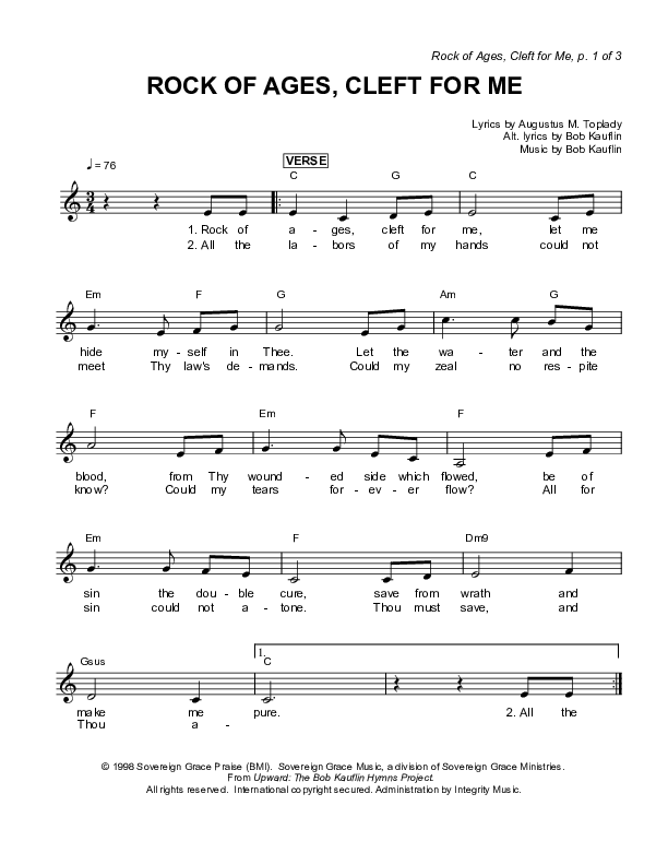 Rock Of Ages Cleft For Me Lead Sheet (Sovereign Grace)