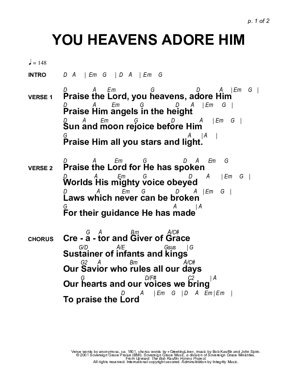 You Heavens Adore Him Chords & Lyrics (Sovereign Grace)
