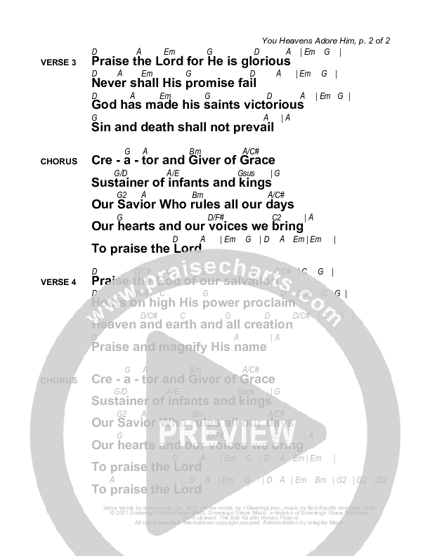 You Heavens Adore Him Chords & Lyrics (Sovereign Grace)