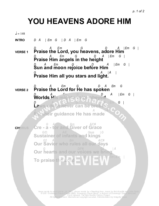 You Heavens Adore Him Chords & Lyrics (Sovereign Grace)