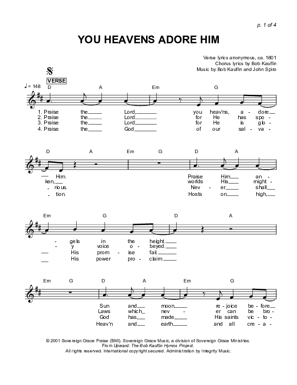 You Heavens Adore Him Lead Sheet (Sovereign Grace)