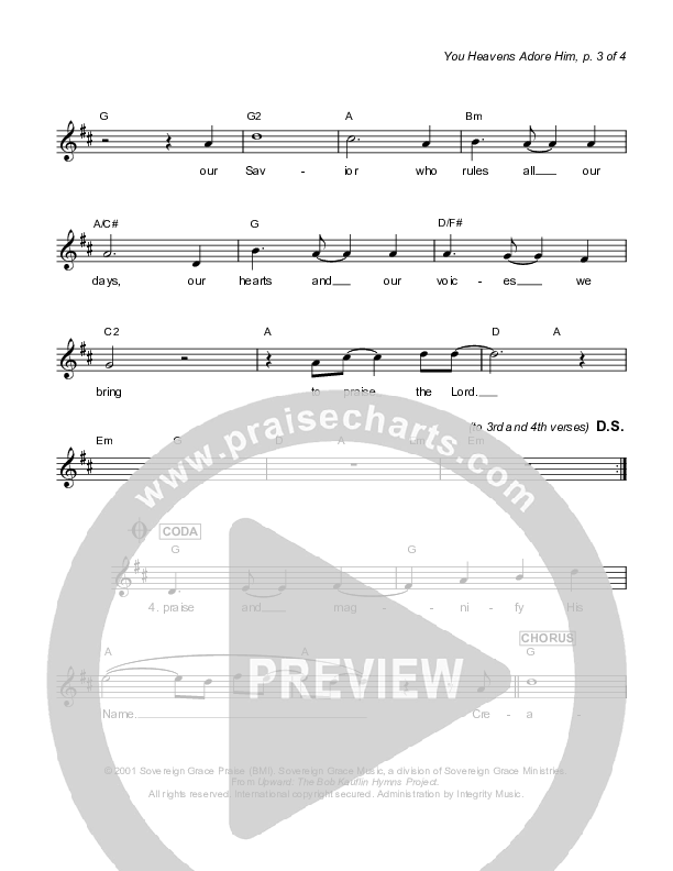 You Heavens Adore Him Lead Sheet (Sovereign Grace)