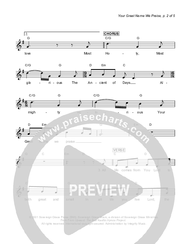 Your Great Name We Praise Lead Sheet (Sovereign Grace)