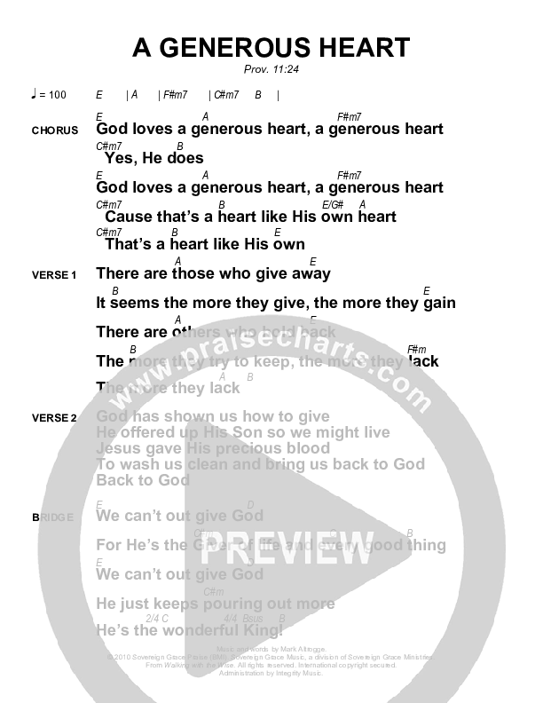 A Generous Heart Chords & Lyrics (Sovereign Grace)