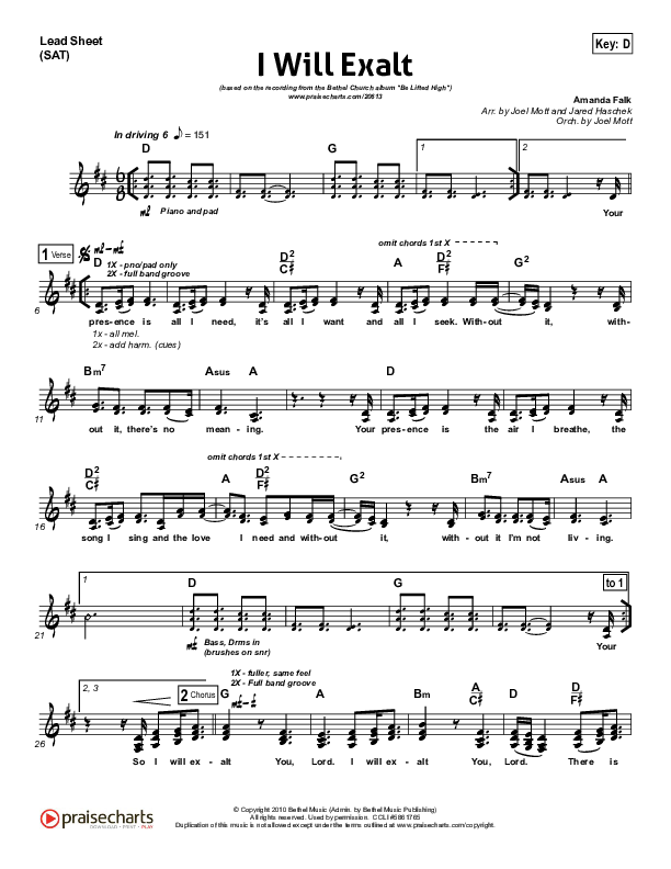 I Will Exalt Lead Sheet (SAT) (Bethel Music)