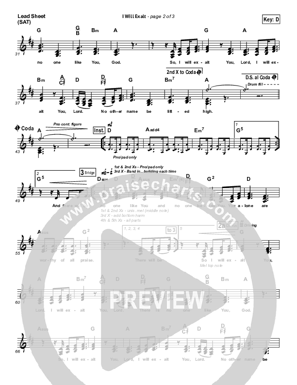 I Will Exalt Lead Sheet (SAT) (Bethel Music)