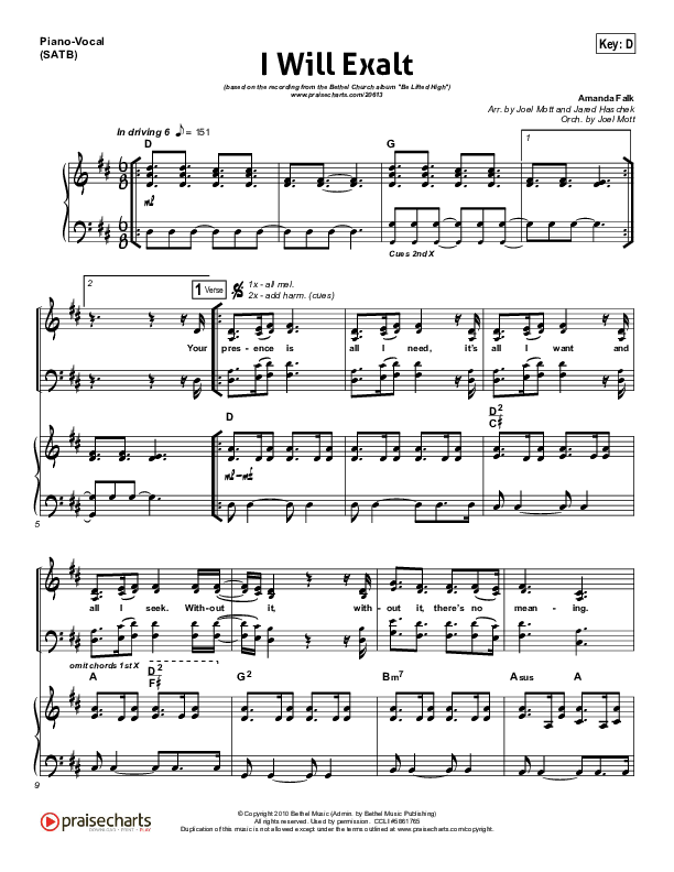 I Will Exalt Piano/Vocal (SATB) (Bethel Music)