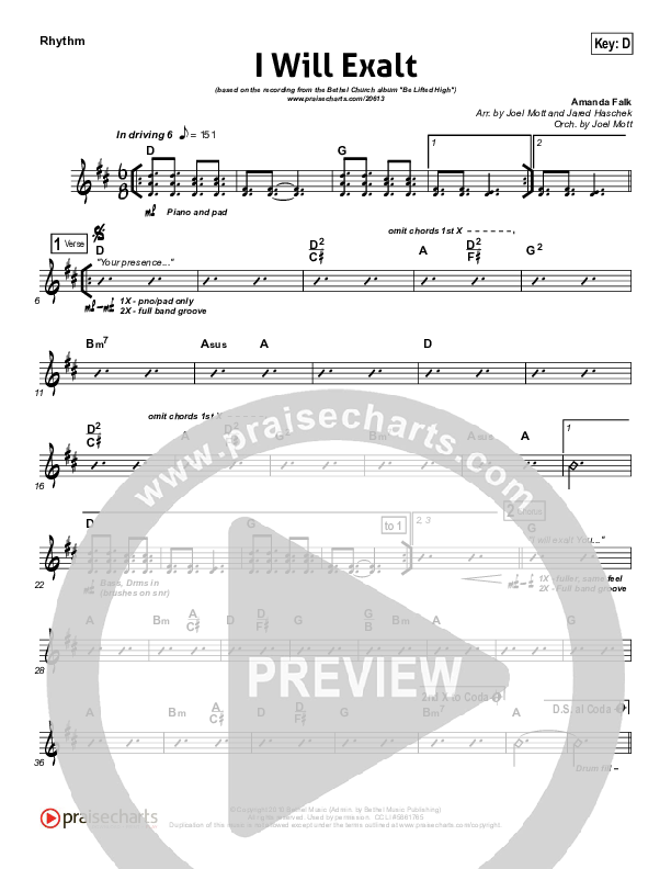 I Will Exalt Rhythm Chart (Bethel Music)
