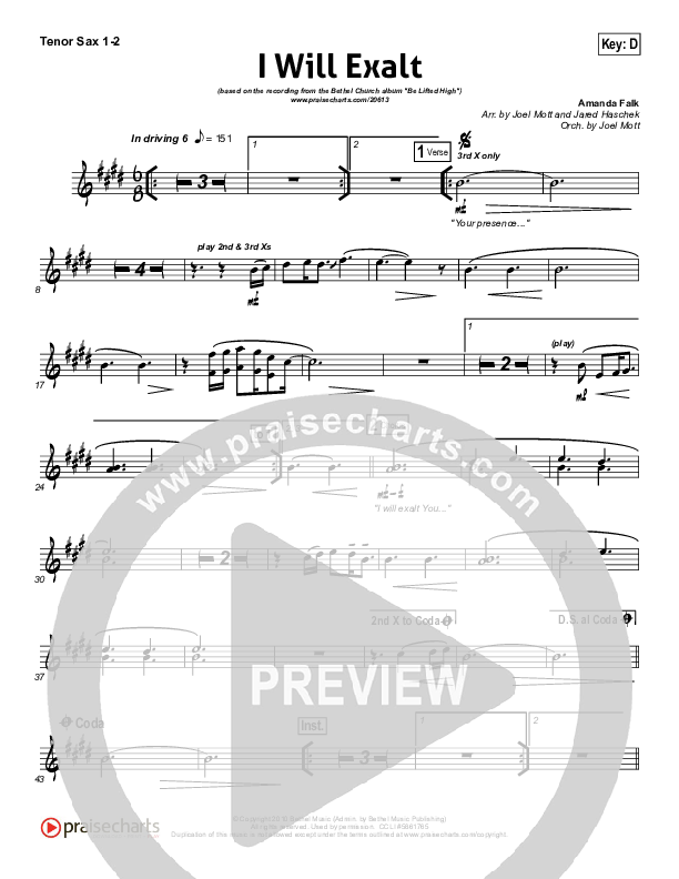 I Will Exalt Tenor Sax 1/2 (Bethel Music)