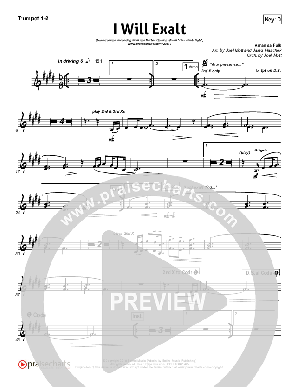 I Will Exalt Trumpet 1,2 (Bethel Music)