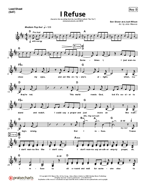 I Refuse Lead Sheet (SAT) (Josh Wilson)