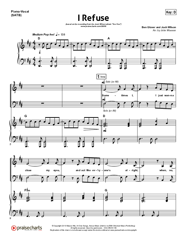 I Refuse Piano/Vocal (Josh Wilson)
