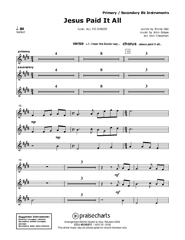 Jesus Paid It All Bb Instruments (Don Chapman)