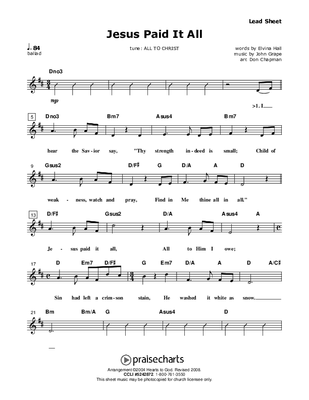 Jesus Paid It All Lead Sheet (Don Chapman)