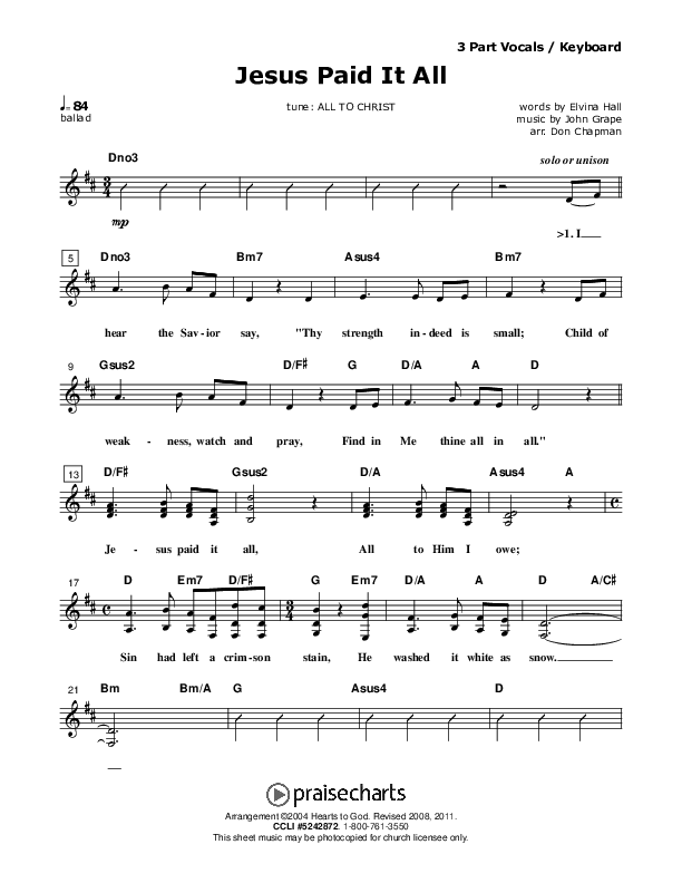 Jesus Paid It All Lead Sheet (SAT) (Don Chapman)