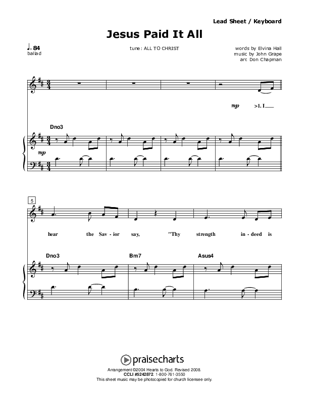 Jesus Paid It All Piano/Vocal (Don Chapman)